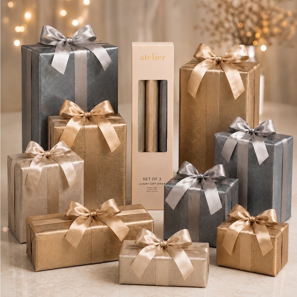 Atelier Luxury Gift Wrap Set of 3 Metallic Textured Paper Rolls 75 SqFt 109-01